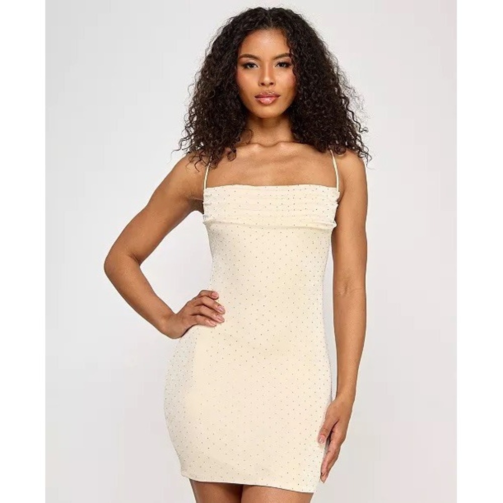 City Studio Beige Bodycon Dress L Cowl Neck Rhinestone Spaghetti Strap Backless